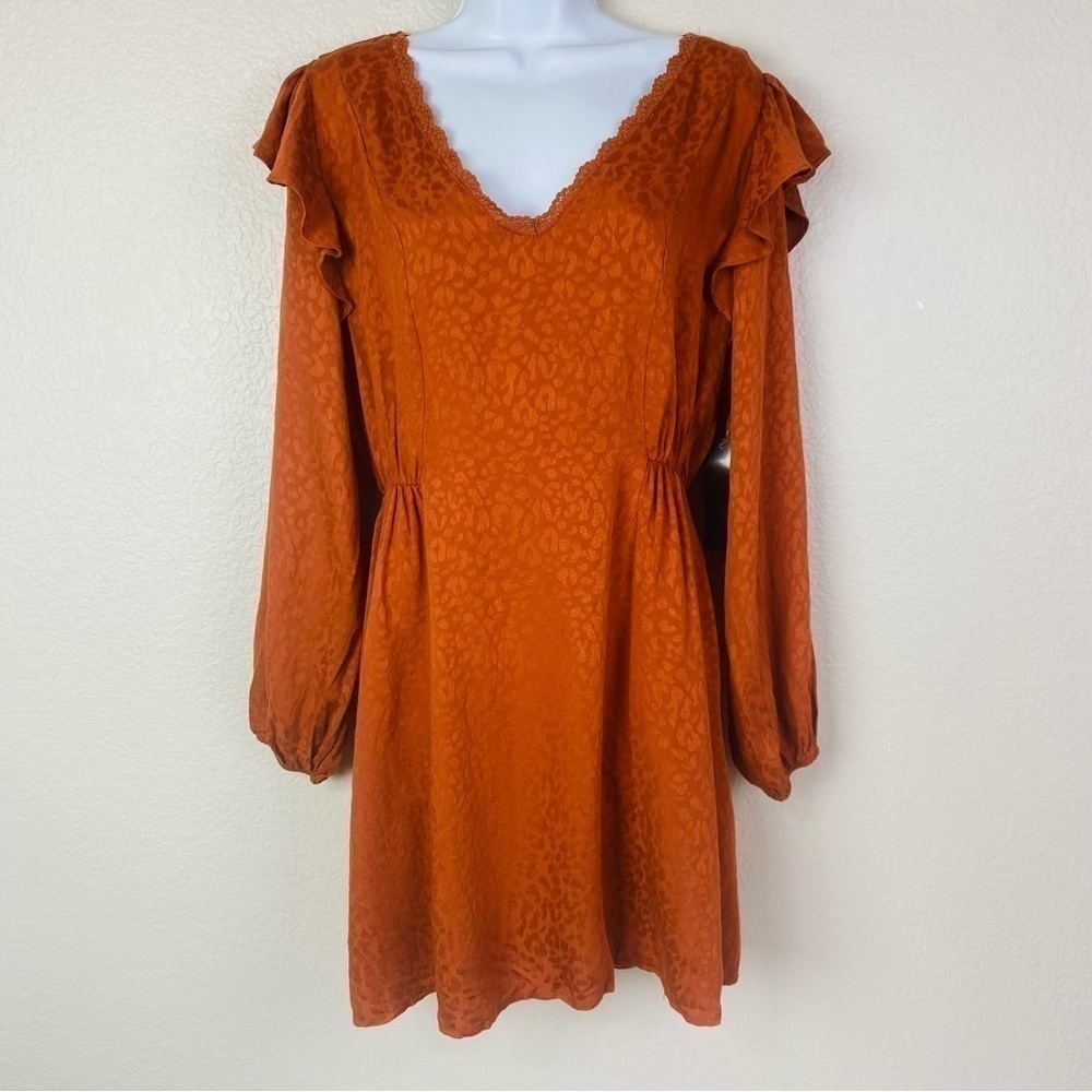 LunaChix Jacquard Leopard Print Long Sleeve Rust Dress Size L